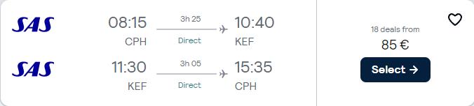 Non-stop flights from Copenhagen, Denmark to Reykjavik, Iceland for only €85 roundtrip with Scandinavian Airlines. Flight deal ticket image.