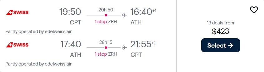 Cheap flights from Cape Town, South Africa to Athens, Greece for only $423 USD roundtrip with Swiss International Air Lines. Flight deal ticket image.