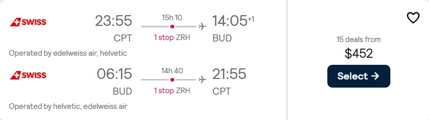Cheap flights from Cape Town, South Africa to Budapest, Hungary for only $452 USD roundtrip with Swiss International Air Lines. Flight deal ticket image.