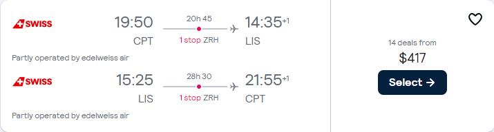 Cheap flights from Cape Town, South Africa to Lisbon, Portugal for only $417 USD roundtrip with Swiss International Air Lines. Flight deal ticket image.