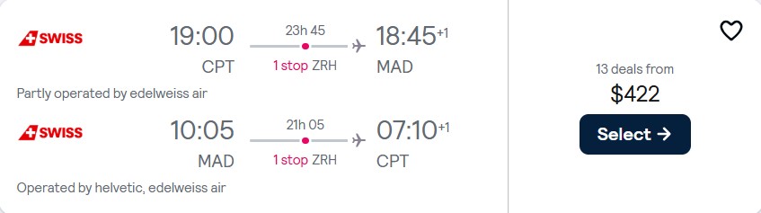 Cheap flights from Cape Town, South Africa to Madrid, Spain for only $422 USD roundtrip with Swiss International Air Lines. Flight deal ticket image.