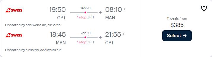 Cheap flights from Cape Town, South Africa to Manchester, UK for only $385 USD roundtrip. Flight deal ticket image.