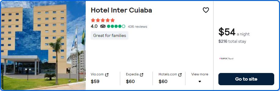 Stay at the 5* Hotel Inter Cuiaba in Cuiaba, Brazil for only $54 USD per night. Flight deal ticket image.