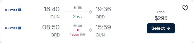 Cheap flights from Cancun, Mexico to Chicago, USA for only $295 USD roundtrip with United Airlines. Flight deal ticket image.