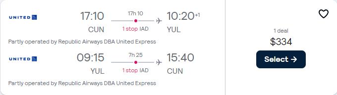 Cheap flights from Cancun, Mexico to Montreal, Canada for only $334 USD roundtrip with United Airlines. Flight deal ticket image.
