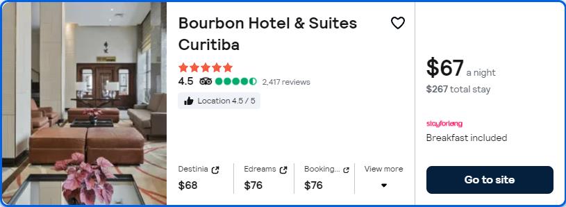 Click here to book this cheap flight deal. Stay at the 5* Bourbon Hotel & Suites Curitiba in Curitiba, Brazil for only $67 USD per night. Flight deal ticket image.