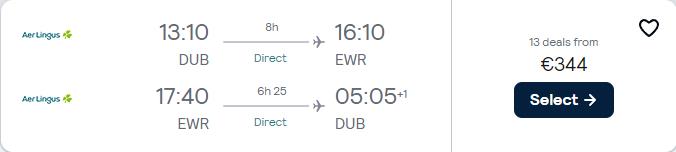 Click here to book this cheap flight deal. Non-stop flights from Dublin, Ireland to ________ from only €344 roundtrip with Aer Lingus. Flight deal ticket image.