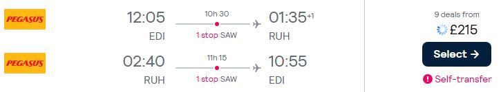 Click here to book this cheap flight deal. Cheap flights from Edinburgh, Scotland to Riyadh, Saudi Arabia for only £215 roundtrip. Flight deal ticket image.