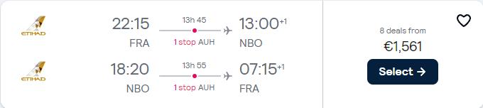 Business Class flights from Germany or Austria to Nairobi, Kenya from only €1561 roundtrip with Etihad Airways. Flight deal ticket image.