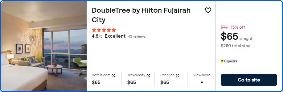 Click here to book this cheap flight deal. Stay at the 5* DoubleTree by Hilton Fujairah City in Fujairah, United Arab Emirates for only $65 USD per night. Flight deal ticket image.