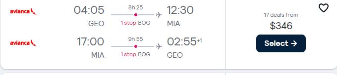 Cheap flights from Guyana to Miami, USA for only $346 USD roundtrip with Avianca. Flight deal ticket image.