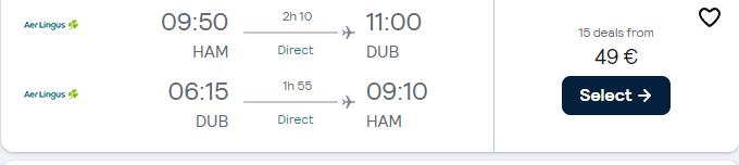 Click here to book this cheap flight deal. Non-stop flights from German cities to Dublin, Ireland from only €49 roundtrip with Aer Lingus. Flight deal ticket image.