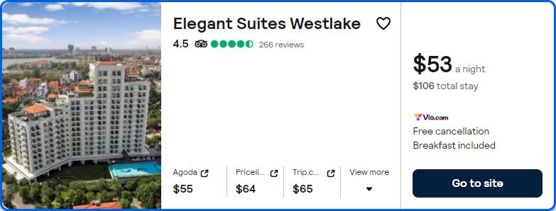 Click here to book this cheap flight deal. Stay at the Elegant Suites Westlake in Hanoi, Vietnam for only $53 USD per night. Flight deal ticket image.