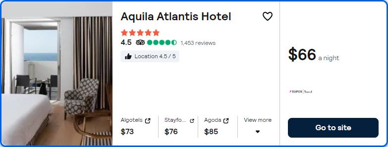 Click here to book this cheap flight deal. Stay at the 5* Aquila Atlantis Hotel in Heraklion, Greece for only $66 USD per night. Flight deal ticket image.