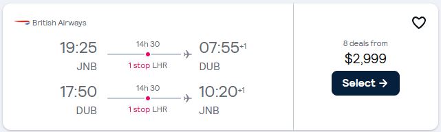 Click here to book this cheap flight deal. First Class flights from Johannesburg, South Africa to European cities from only $2999 USD roundtrip with British Airways. Flight deal ticket image.