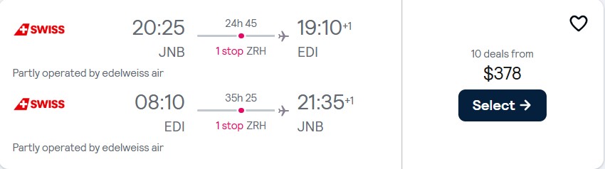 Click here to book this cheap flight deal. Cheap flights from Johannesburg, South Africa to Edinburgh, Scotland for only $378 USD roundtrip with Swiss International Air Lines. Flight deal ticket image.
