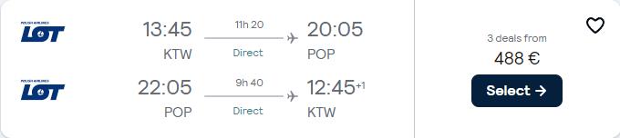 Non-stop, last minute flights from Katowice, Poland to the Dominican Republic for only €488 roundtrip with LOT Polish Airlines. Flight deal ticket image.