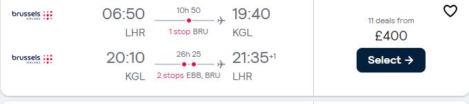 Click here to book this cheap flight deal. Cheap flights from London or Manchester, UK to Kigali, Rwanda from only £400 roundtrip. Flight deal ticket image.