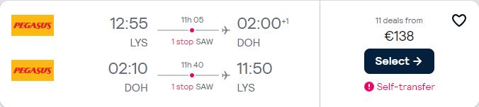 Cheap flights from European cities to Doha, Qatar from only €138 roundtrip. Flight deal ticket image.