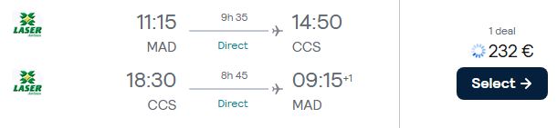 Click here to book this cheap flight deal. Non-stop flights from Madrid, Spain to Caracas, Venezuela for only β¬232 roundtrip. Flight deal ticket image.