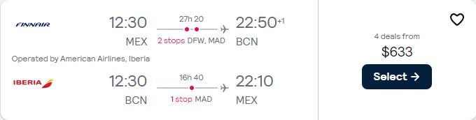 Cheap flights from Mexico City, Mexico to Barcelona, Spain for only $633 USD roundtrip with American Airlines and Iberia. Flight deal ticket image.
