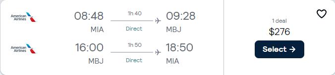 Non-stop flights from Miami to Montego Bay, Jamaica for only $276 roundtrip with American Airlines. Flight deal ticket image.