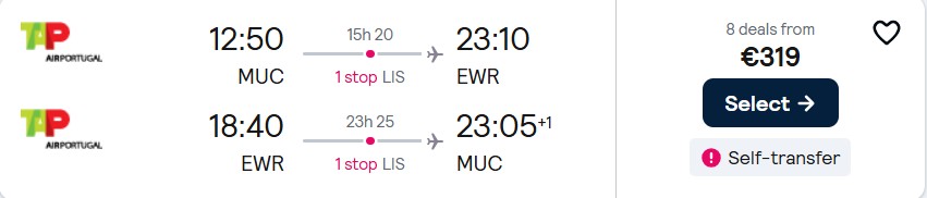 Click here to book this cheap flight deal. Cheap flights from Munich, Germany to New York, USA for only €319 roundtrip with TAP Air Portugal. Flight deal ticket image.