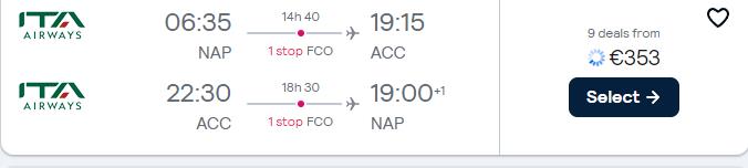 Cheap flights from Italian cities to Accra, Ghana from only €353 roundtrip. Flight deal ticket image.