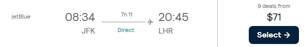 Click here to book this cheap flight deal. Error Fare flights from New York or Boston to European cities from only $71 one-way with JetBlue. Flight deal ticket image.