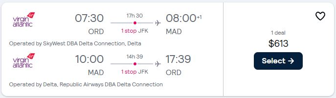 Premium Economy flights from Chicago to Madrid, Spain for only $613 roundtrip with Delta Air Lines. Flight deal ticket image.