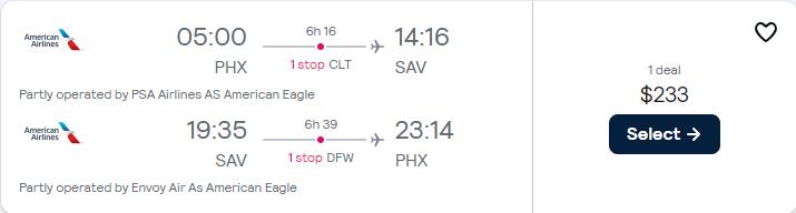 Click here to book this cheap flight deal. Cheap flights from Phoenix, Arizona to Savannah, Georgia for only $233 roundtrip with American Airlines. Also works in reverse. Flight deal ticket image.