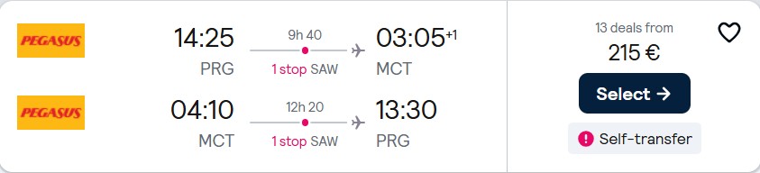 Cheap flights from Prague, Czech Republic to Muscat, Oman for only €215 roundtrip. Flight deal ticket image.