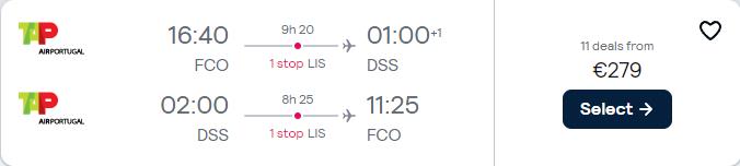 Cheap flights from Rome or Milan, Italy to Dakar, Senegal from only €279 roundtrip with TAP Air Portugal. Flight deal ticket image.