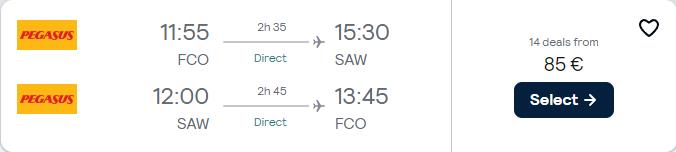 Non-stop flights from Rome, Italy to Istanbul, Turkey for only €85 roundtrip. Flight deal ticket image.