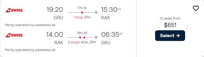 Cheap flights from Sao Paulo, Brazil to Marrakesh, Morocco for only $651 USD roundtrip with Swiss International Air Lines. Flight deal ticket image.