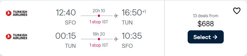 Cheap flights from San Francisco to Tunis, Tunisia for only $688 roundtrip with Turkish Airlines. Flight deal ticket image.