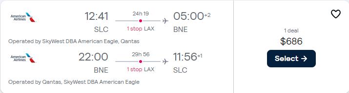 Click here to book this cheap flight deal. Cheap flights from Salt Lake City, Utah to Brisbane, Australia for only $686 roundtrip with American Airlines and Qantas. Flight deal ticket image.