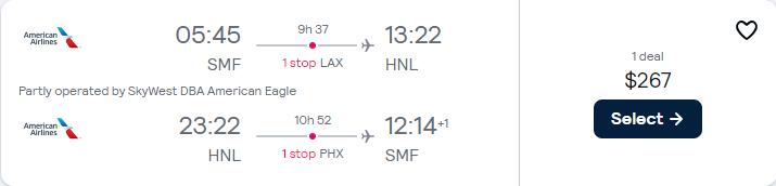 Click here to book this cheap flight deal. Cheap flights from Sacramento, California to Honolulu, Hawaii for only $267 roundtrip with American Airlines. Also works in reverse. Flight deal ticket image.