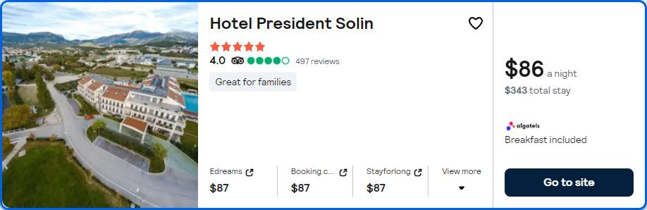 Click here to book this cheap flight deal. Stay at the 5* Hotel President Solin in Solin, Croatia for only $75 USD per night. Flight deal ticket image.