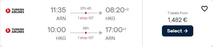 Click here to book this cheap flight deal. Business Class flights from Stockholm or Gothenburg, Sweden to Hong Kong from only €1482 roundtrip with Turkish Airlines. Flight deal ticket image.