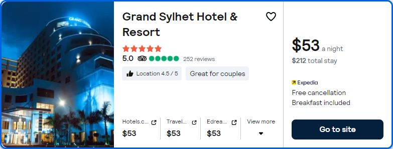Click here to book this cheap flight deal. Stay at the 5* Grand Sylhet Hotel & Resort in Sylhet, Bangladesh for only $53 USD per night. Flight deal ticket image.