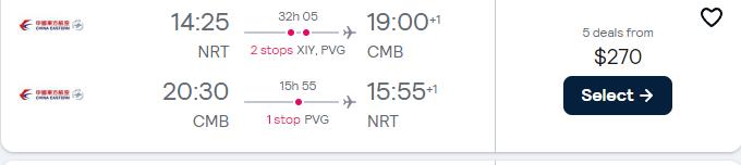 Cheap flights from Tokyo, Japan to Colombo, Sri Lanka for only $273 USD roundtrip. Flight deal ticket image.