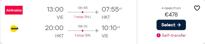 Cheap flights from Vienna, Austria to Phuket or Bangkok, Thailand from only €478 roundtrip. Flight deal ticket image.