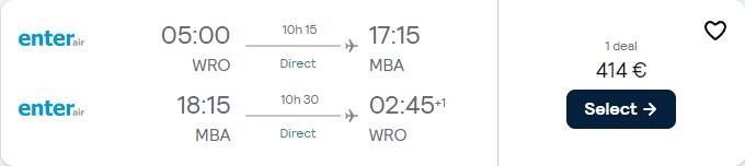 Non-stop, last minute flights from Wroclaw, Poland to Mombasa, Kenya for only €414 roundtrip. Flight deal ticket image.