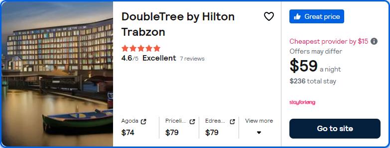 Click here to book this cheap flight deal. Stay at the 5* DoubleTree by Hilton Trabzon in Akcaabat, Turkey for only $59 USD per night. Flight deal ticket image.