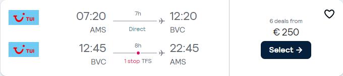 Cheap flights from Amsterdam, Netherlands to Boa Vista, Cape Verde for only €250 roundtrip. Flight deal ticket image.