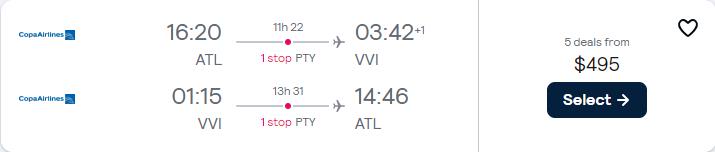 Cheap flights from Atlanta to Santa Cruz, Bolivia for only $495 roundtrip with Copa Airlines. Flight deal ticket image.