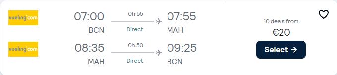 Non-stop flights from Barcelona, Spain to Menorca, Spain for only €20 roundtrip. Flight deal ticket image.