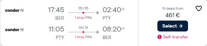 Cheap flights from Berlin, Germany to Panama City, Panama for only €461 roundtrip. Flight deal ticket image.