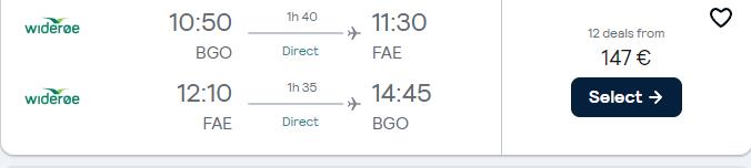 Non-stop, summer flights from Bergen, Norway to the Faroe Islands for only €142 roundtrip. Flight deal ticket image.